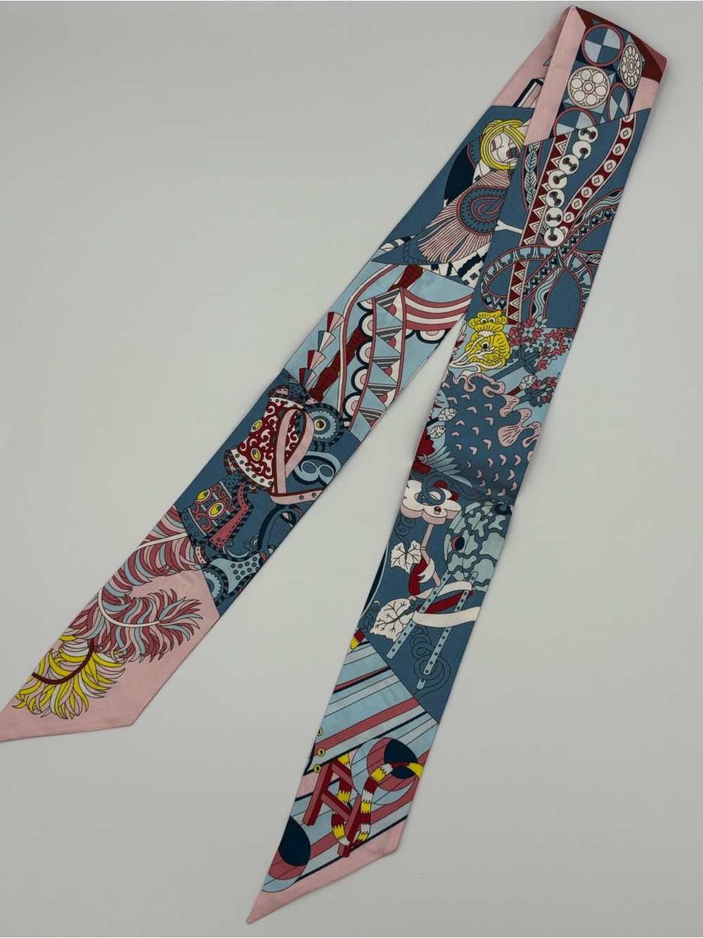 Hermes De l'Ombrelle aux Duels Twilly Scarf Blue Pink Patchwork - Picture 2 of 6
